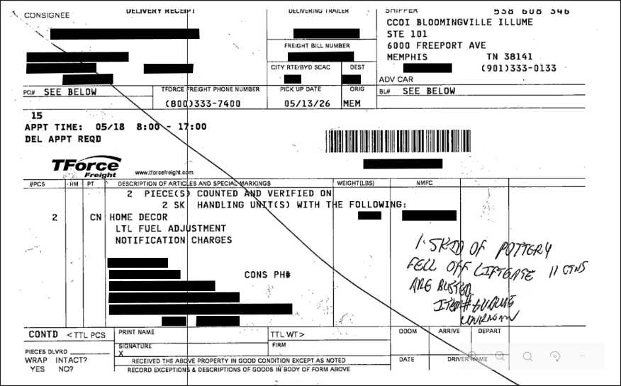 Bill of Lading and blue shrink wrap example